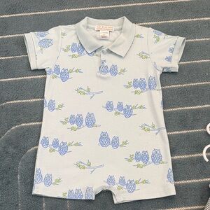 The Beaufort Bonnet Company Light Blue Owl Polo Romper with Green Accents